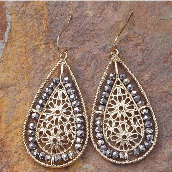 Jewelry - Gold Hematite Flower Dangle Earrings, Gold Tone